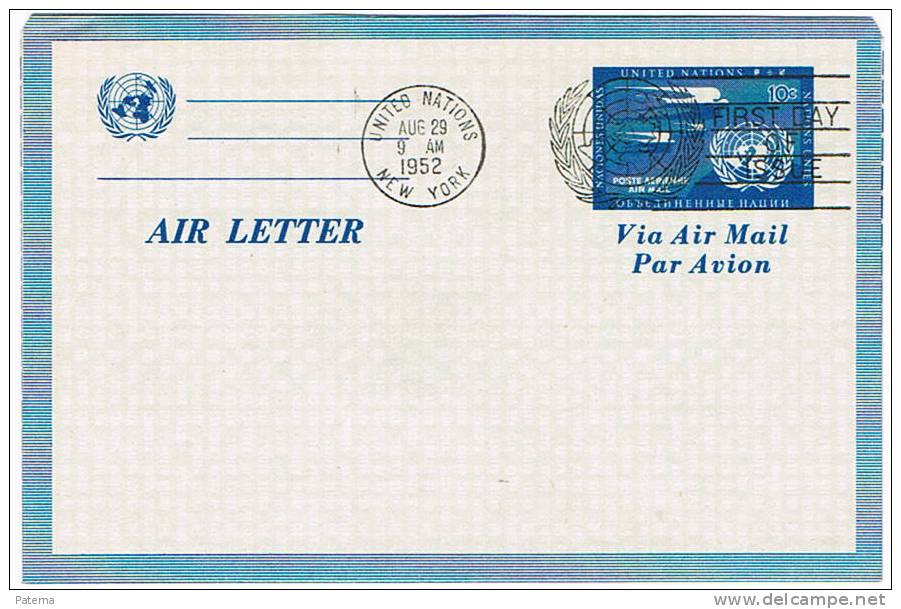 Aerograma ,NACIONES UNIDAS, NEW YORK 1952, Air Letter, Aerogramme - Posta Aerea