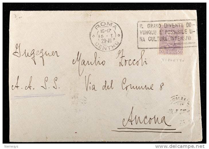 1929 LETTERA DA ROMA A ANCONA ANNULLO A TARGHETTA IL GRANO....CULTURA INTENSIVA BEL TIMBRO ANCONA AD ONDE - Marcofilía