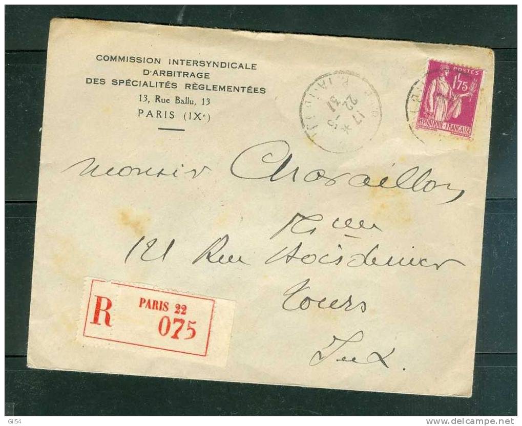 Yvert N°289 Sur Lettre Recommandée  EN Mai 1937  Po3426a - Storia Postale