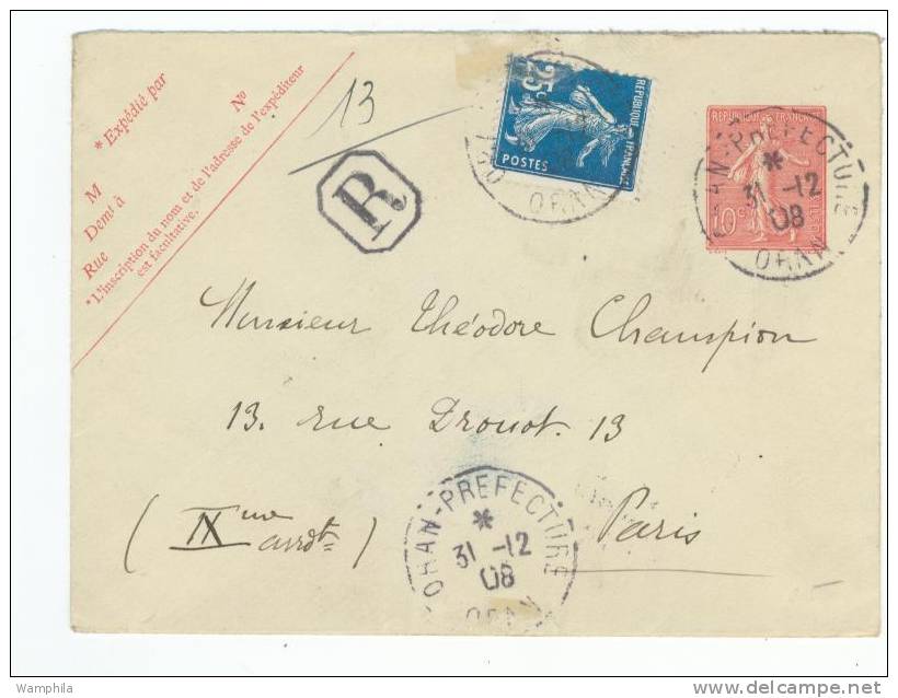 Entier Postal 10 C Semeuse + Complément De Oran Pour Paris 1908 - Andere & Zonder Classificatie