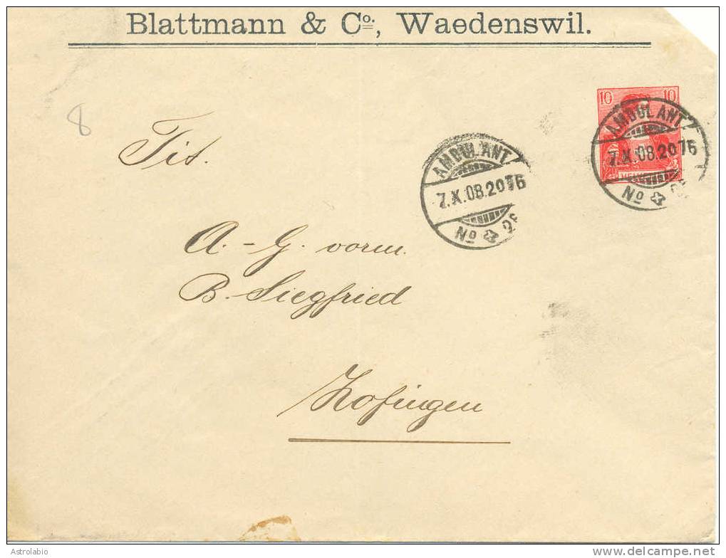 Entier Postal Privé 1908 Publicité De Wädenswil, Voyage, Pli, Obliteration Ambulant - Bahnwesen