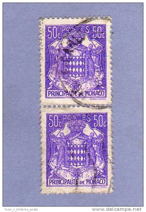 MONACO TIMBRE N° 252 OBLITERE ARMOIRIES ET BLASON 50C VIOLET PAIRE VERTICALE - Oblitérés