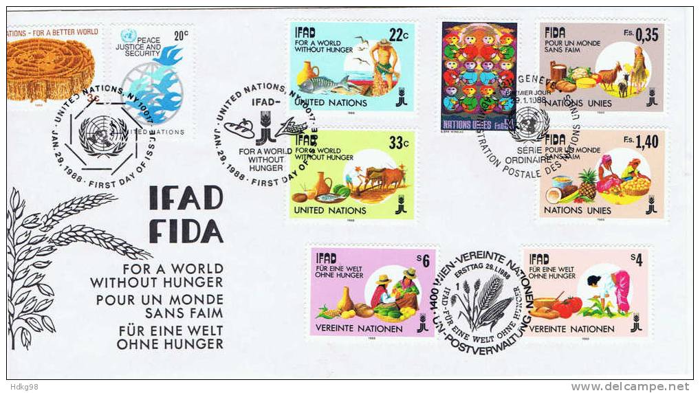 UNG UNW UNY+ 1988 Genf Mi 162-63 New York 544-45 Wien 79-80 FDC Für Eine Welt Ohne Hunger - New York/Geneva/Vienna Joint Issues