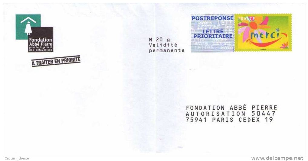 POSTREPONSE  FONDATION ABBE PIERRE NEUF ( 08P452 Repiquage Merci ) - Prêts-à-poster:reply