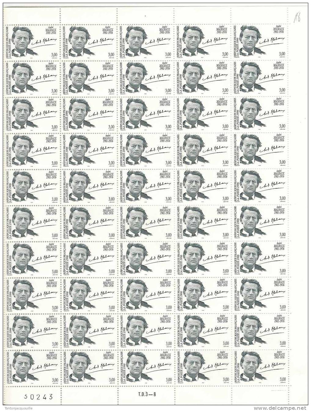 ANDRE MALRAUX  1901-1976    ++  FEUILLE DE 50 TIMBRES A  3,00 - Full Sheets