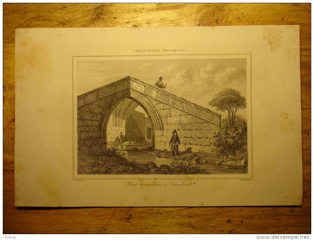 GRAVURE 1842 - ANGLETERRE PONT TRIANGULAIRE A CROWLAND - ENGLAND CROWLAND BRIDGE 1842 PRINT - Collections