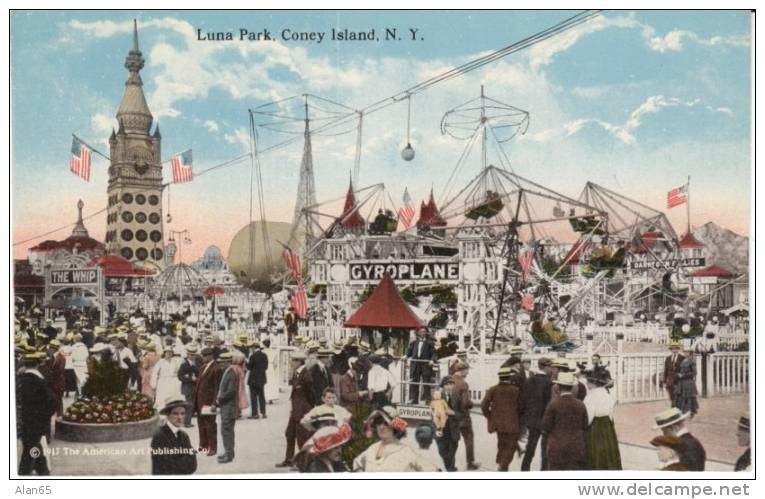 Luna Park, Coney Island, Gyroplane And Whip Rides Amusement Park On C1910s Vintage Postcard - Long Island