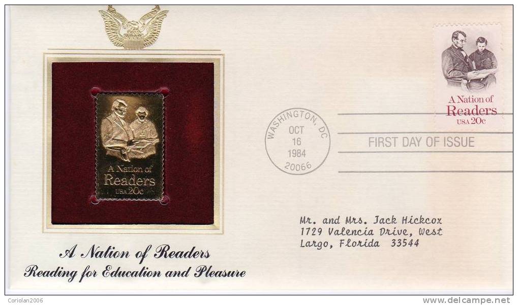 U. S. A. 1984 FDC / A Nation Of Readers / 24 K Gold Plated Stamp - Autres & Non Classés