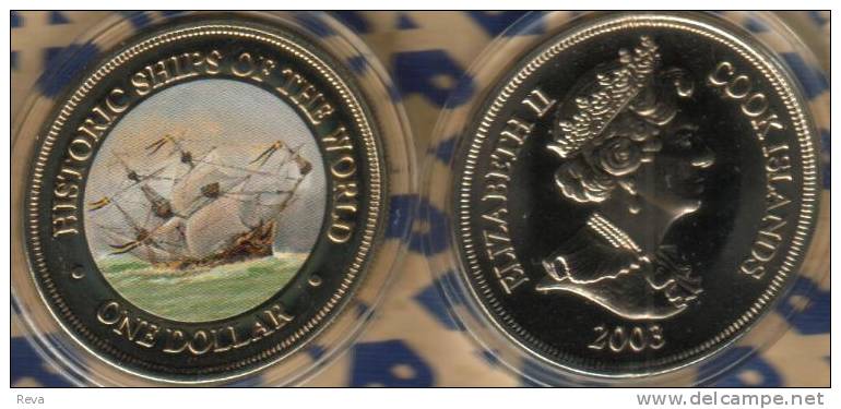 COOK ISLANDS $1 FAMAOUS SHIP  VASA SWEDEN  FRONT COLOURED QEII BACK 2003 PROOFLIKE READ DESCRIPTION CAREFULLY!!! - Cook