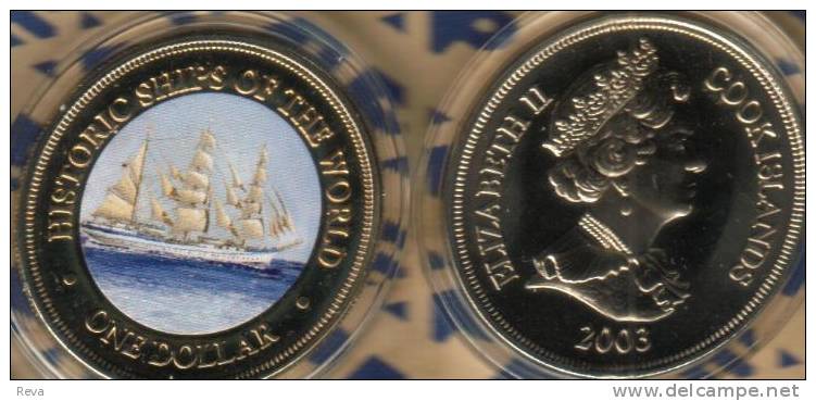 COOK ISLANDS $1 FAMAOUS SHIP GORCH FOCK UK FRONT COLOURED QEII BACK 2003 PROOFLIKE READ DESCRIPTION CAREFULLY!!! - Cook Islands