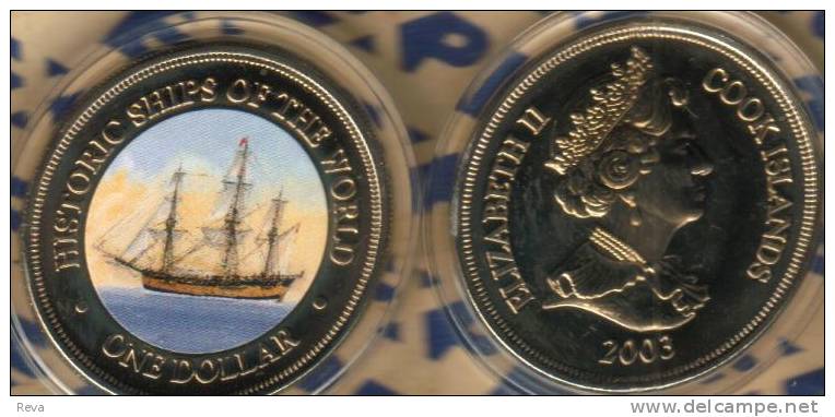 COOK ISLANDS $1 FAMAOUS SHIP HMS ENDEVOUR J. COOK FRONT COLOURED QEII BACK 2003 PROOFLIKE READ DESCRIPTION CAREFULLY!!! - Cook Islands