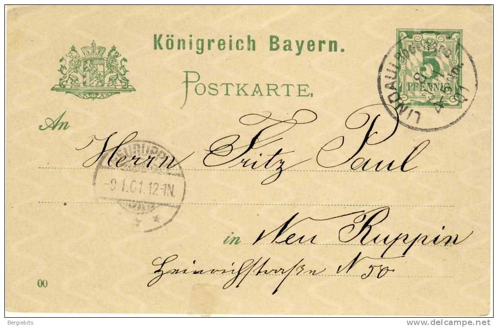 1901 Germany ( Bayern ) Postal Stationary Card Sent From Lindau Bodensee To Neu Ruppin - Covers & Documents