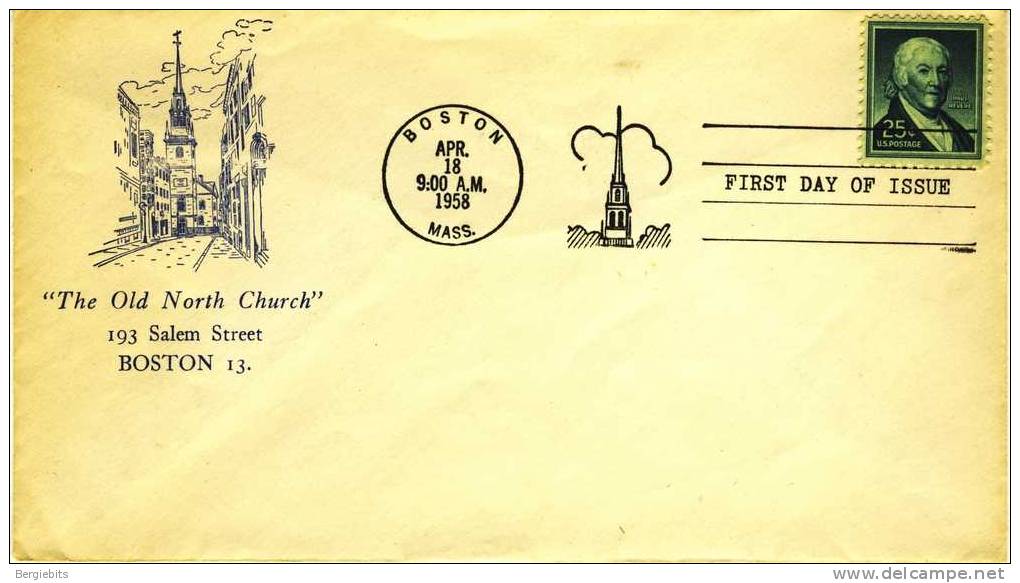 1958 USA  Cachet " The Old North Church " Boston FDC - 1951-1960