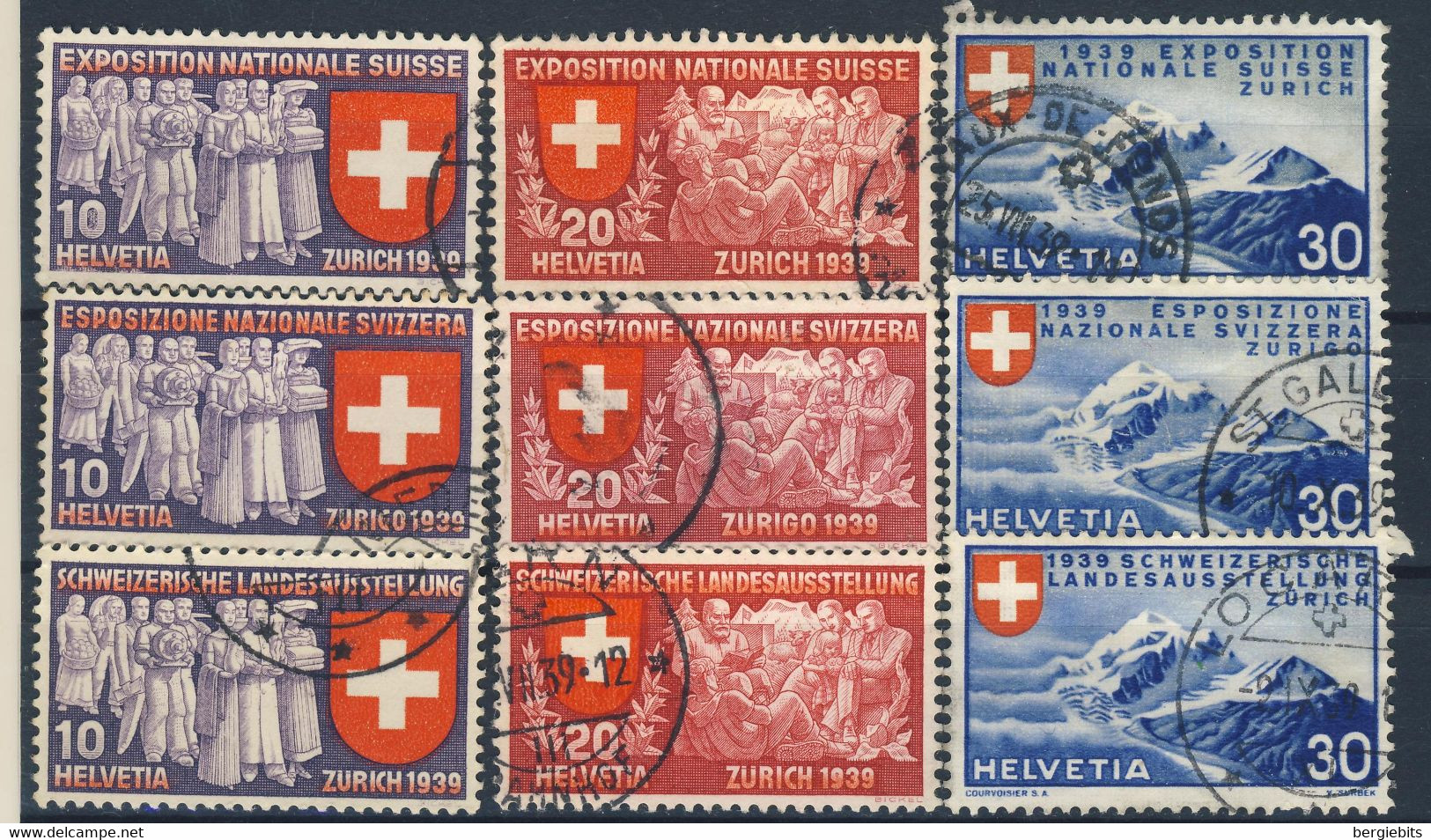 1939 Switzerland 3 Complete Sets Of 3 Stamps Each National Exhibition - Gebraucht