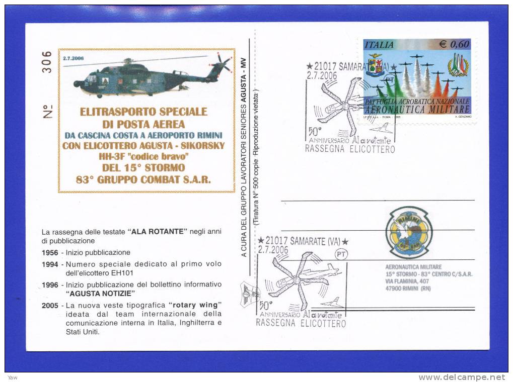 ITALIA 2006 CP 50 ANNI ALA ROTANTE, RASSEGNA ELICOTTERO. ROTARY WING. ANNULLO SPECIALE SAMARATE VA - Elicotteri