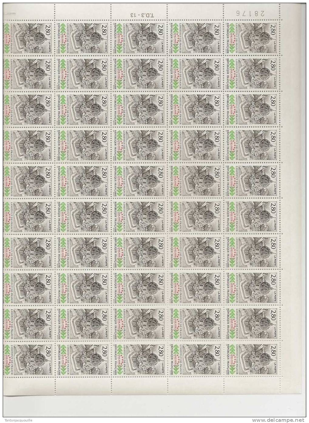 L'INSTITUT DE FRANCE  1795-1995 ++   FEUILLE DE 50 TIMBRES  A  2,80 - Full Sheets
