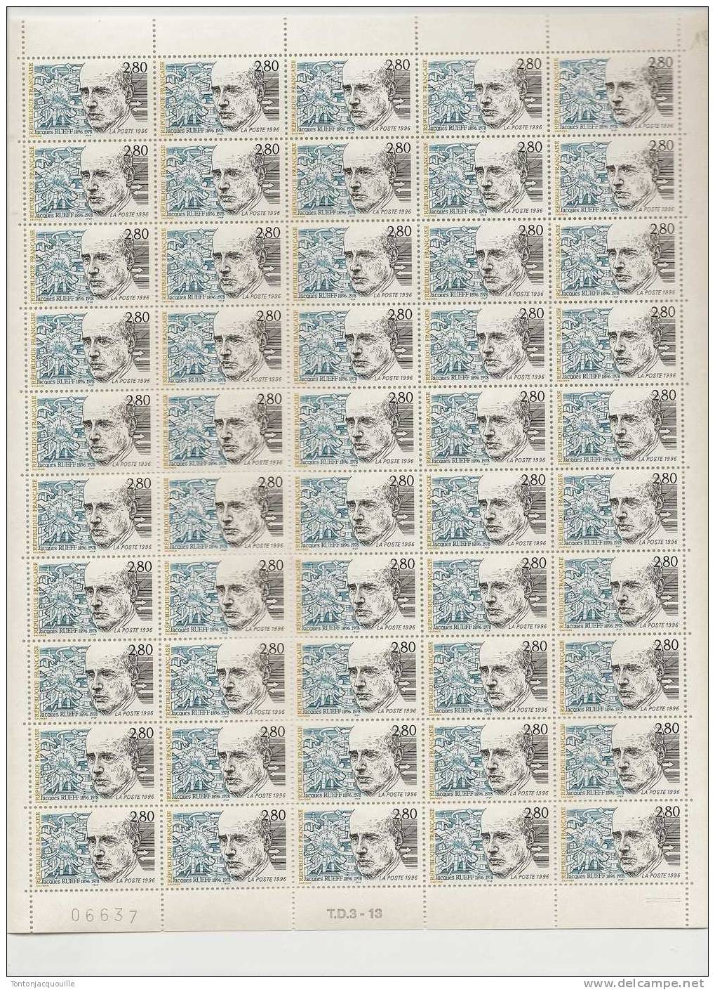 JACQUES RUEFF  1896-1978   ++   FEUILLE DE 50 TIMBRES  A  2,80 - Feuilles Complètes