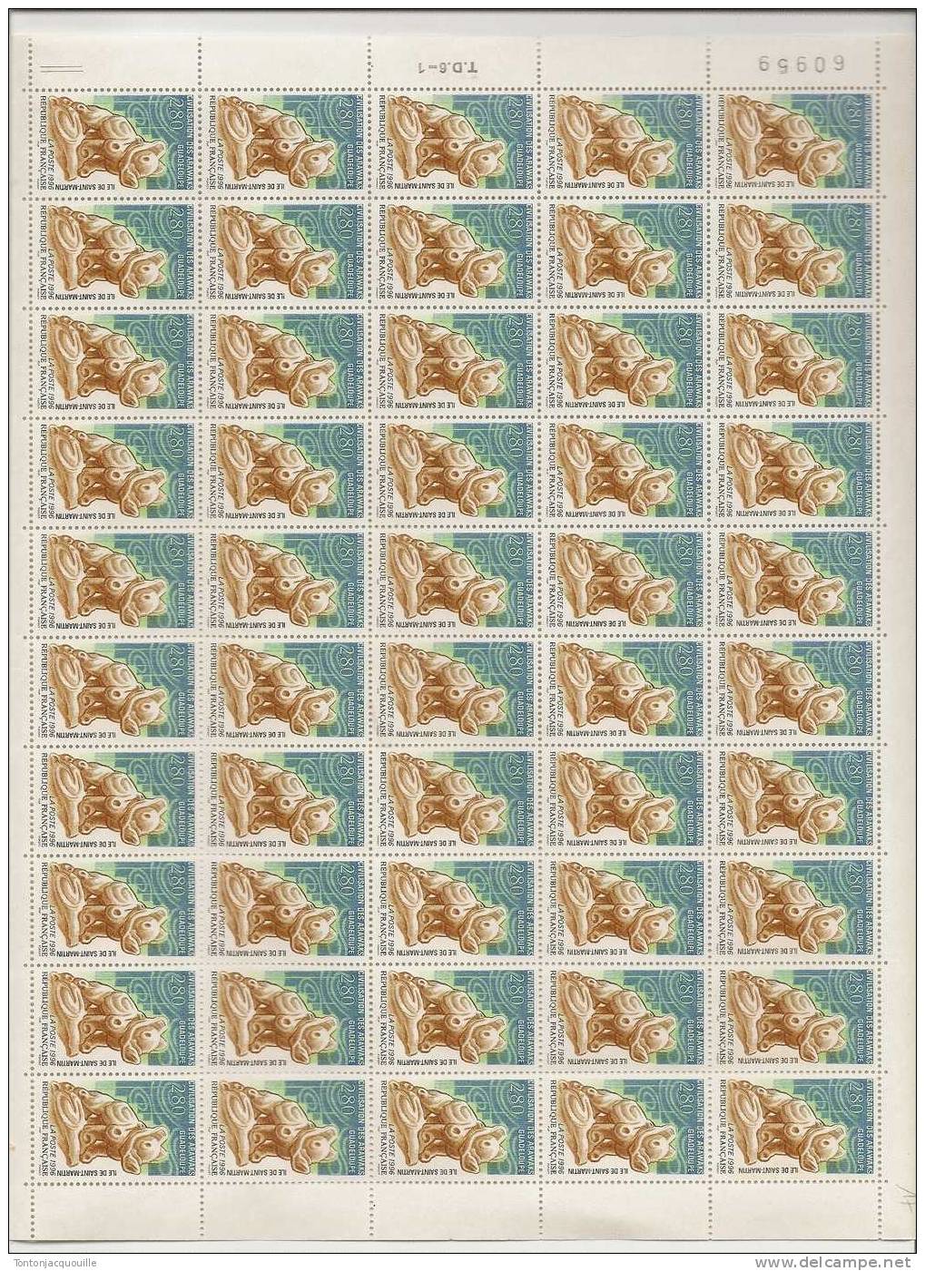 CIVILISATION DES ARAWAKS  ILE DE SAINT-MARTIN++   FEUILLE DE 50 TIMBRES  A  2,80 - Feuilles Complètes