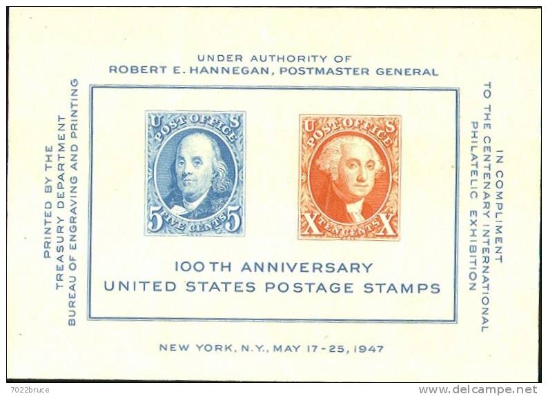 (1135) 1947 Scott 948 - 100th Anniversary U.S. Postage Stamps - Souvenir Sheet - Cartes Souvenir