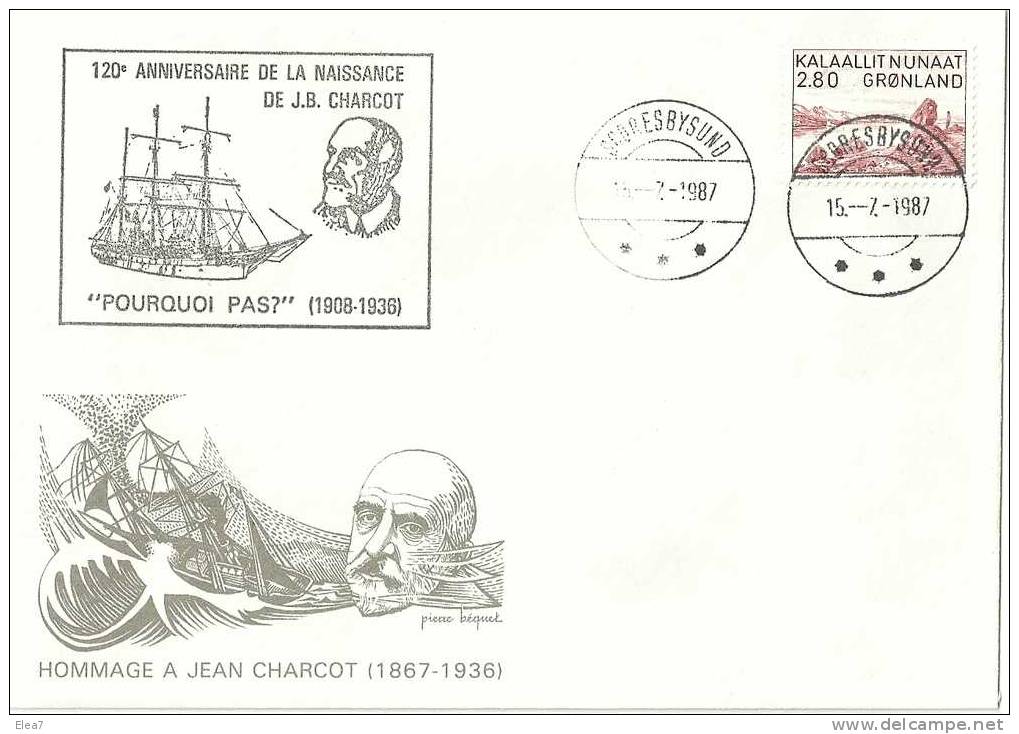 ENVELOPPE - Hommage à JEAN-BAPTISTE CHARCOT - 15/07/1987 - Explorateurs & Célébrités Polaires