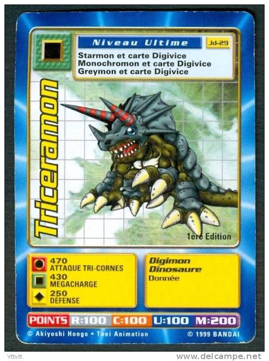 TRADING CARDS, CARTE : DIGIMON, TRICERAMON, NIVEAU ULTIME JD-29,  (1999 BANDAI, 1ere EDITION) - Other & Unclassified