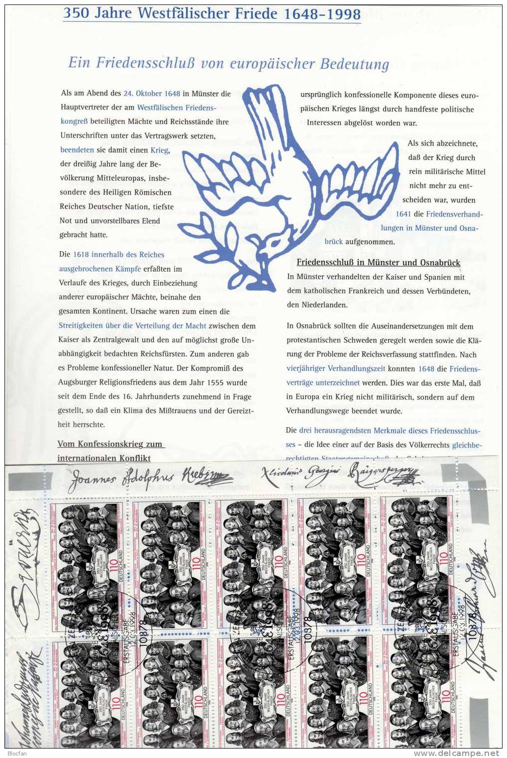 Westfälischer Friede 1998 Reichsstände BRD 1998 10-Kleinbogen SST 12€ Gesandter Hoja Bloc Ms History Sheetlet Bf Germany - Vor- Und Frühgeschichte