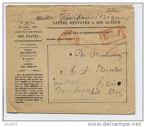 Bureau Des Rebuts -lettre Renvoyée à Son Auteur - Novembre 1957 Cachet Rouge De Paris  Ministére .. Pour Blois 5/10/1861 - 1849-1876: Période Classique