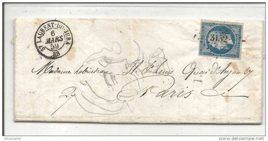 20cts Bleu  No 3152 Saint Laurent Du Jura 6.3.1859 Au Dos Belfort A Paris - Autres & Non Classés