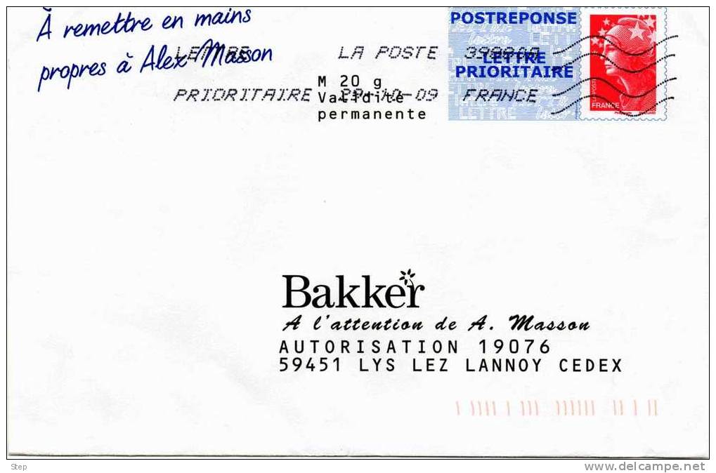 PAP POSTREPONSE BAKKER  Timbre "BEAUJARD" Ayant Voyagé - Prêts-à-poster: Réponse /Beaujard