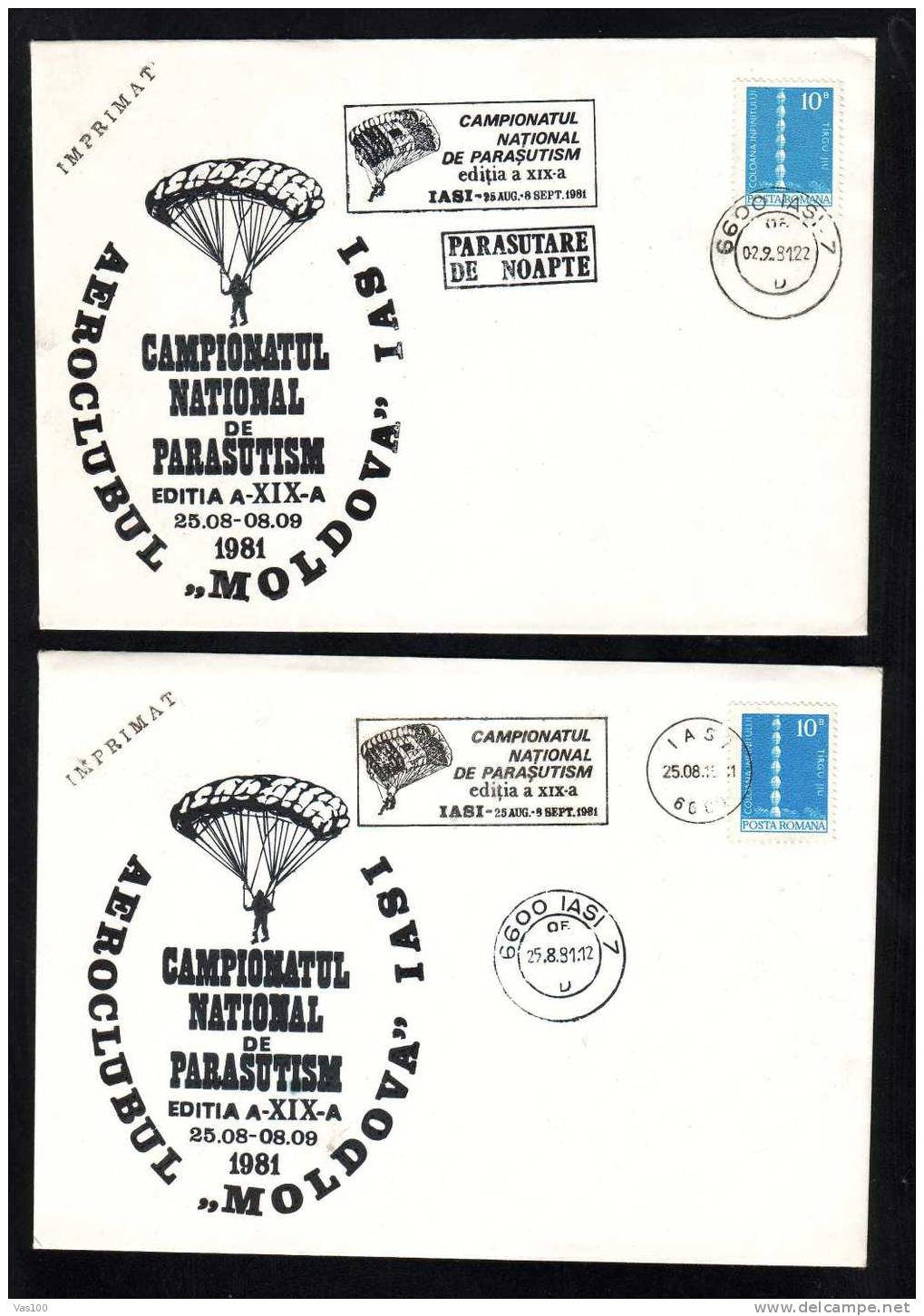 Parachutisme Parachutting,1981,cover 2x ,obliteration Concordante Iasi - Romania - Paracadutismo