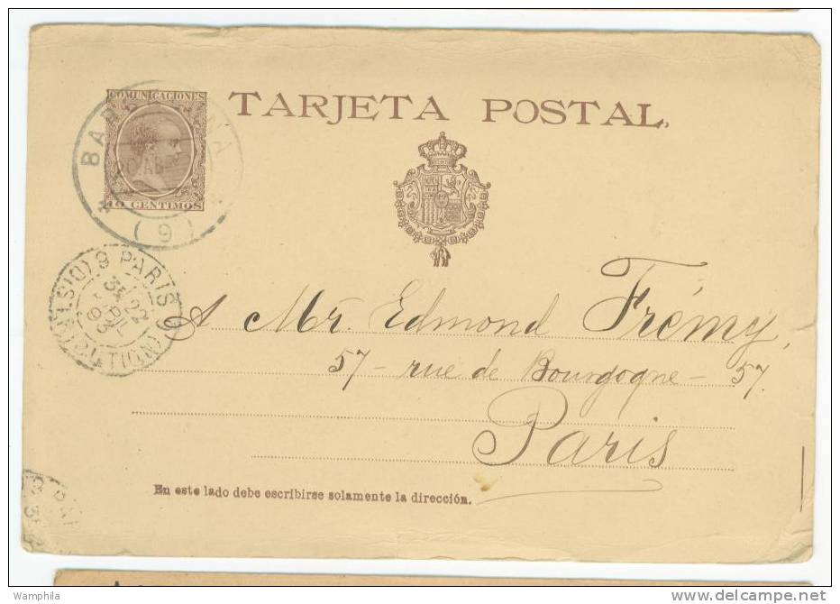 Entier Postal De Barcelone Pour Paris 1893 - 1850-1931