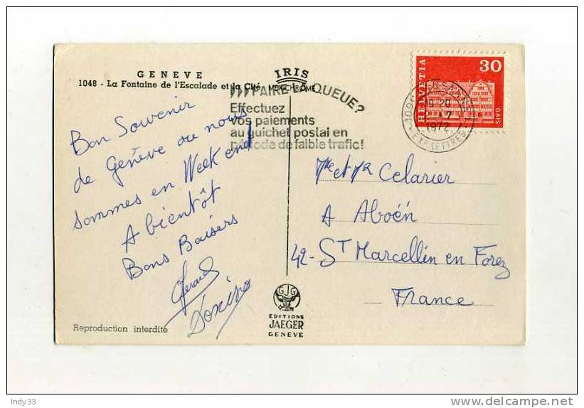 - SUISSE . AFFRANCHISSEMENT SIMPLE SUR CP DE 1972  POUR LA FRANCE - Storia Postale