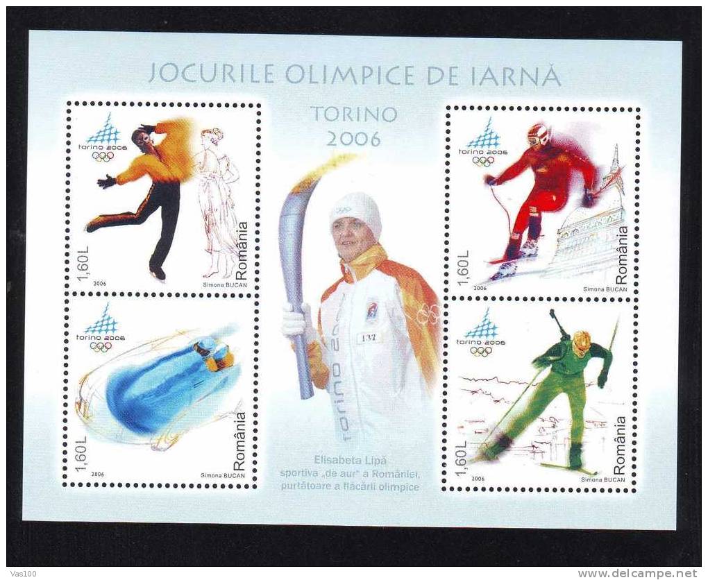 Winter Olympic Games Torino 2006 Block MNH,skating,bobsleigh,skiing - Elisabeta Lipa Rowing Campion- Lead Olympic Flame - Kanu