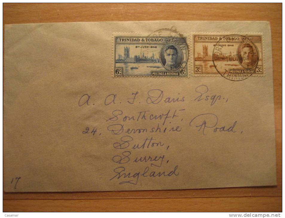 TRINIDAD & TOBAGO 1946 Port Of Spain To Surrey England GB UK 3 + 6c Set Sobre Cover Enveloppe British Area - Trinité & Tobago (...-1961)