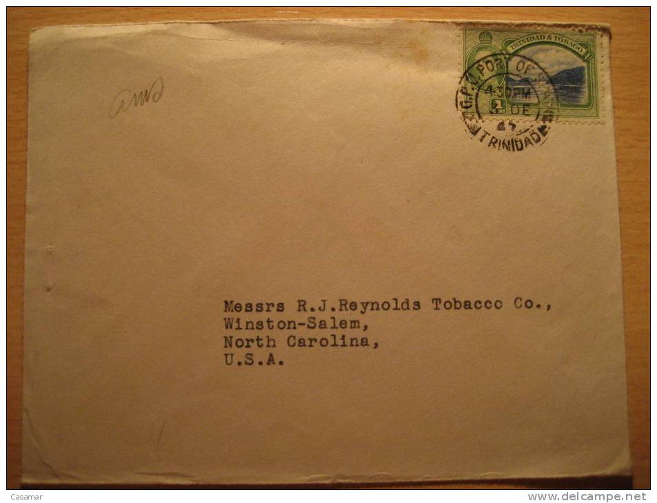 TRINIDAD & TOBAGO 1947 Port Of Spain To North Carolina USA 1c First Boca Stamp Sello Sobre Cover Enveloppe British Area - Trinidad En Tobago (...-1961)