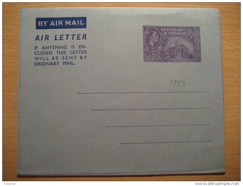 TRINIDAD & TOBAGO 12c Queen EII Town Hall Air Mail Letter Aerograma Aerogramme British Area - Trinité & Tobago (...-1961)