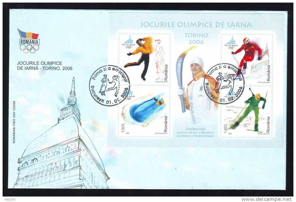 Winter Olympic Games Torino 2006 FDC 1 Cover,skating,bobsleigh,s Kiing- Elisabeta Lipa Rowing Campion- Lead Olympic Flam - Winter 2006: Turin