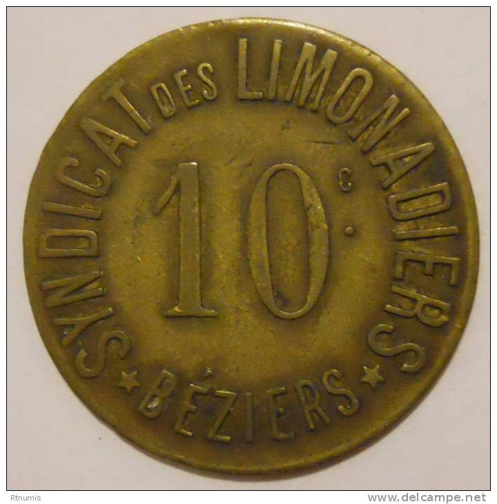 Béziers 34 Syndicat Des Limonadiers 10 Centimes Elie 75.2 - Monetary / Of Necessity
