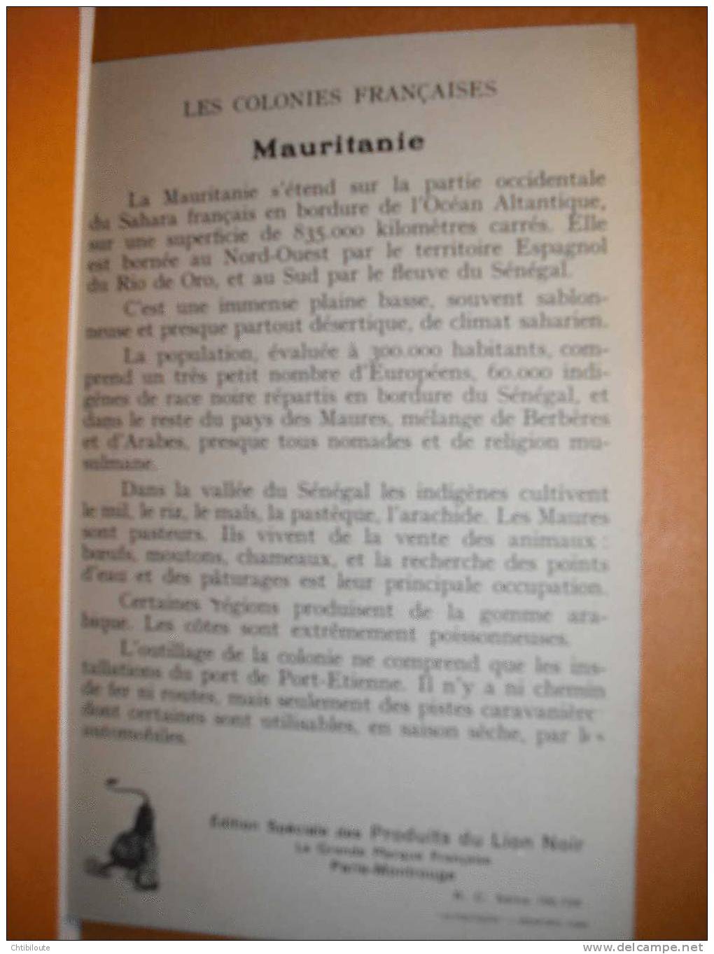 PRODUITS  DU LION NOIR    "COLONIES FRANCAISES  /   LA MAURITANIE   "    CPA  9X14  TBE     L 13/12 - Advertising