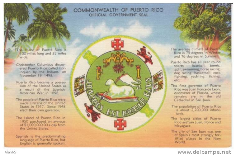 Puerto Rico Official Government Seal On C1950 Vintage Linen Postcard - Puerto Rico