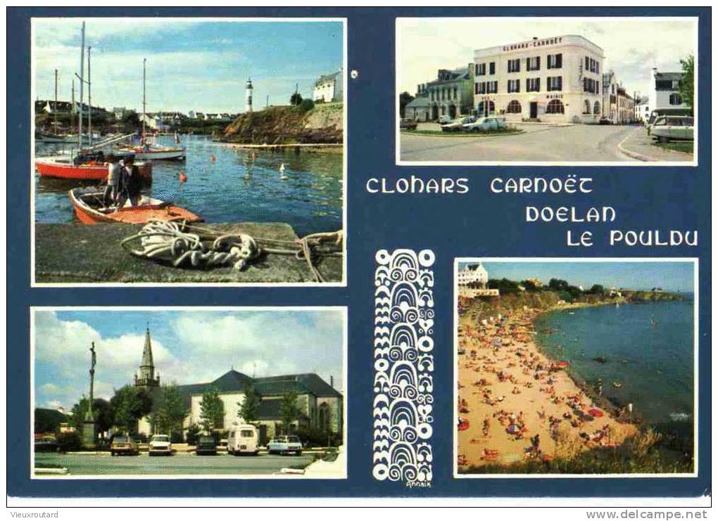 CPSM. CLOHARS CARNOET. LE PORT DE DOELAN. MAIRIE ET EGLISE DE CLOHARS CARNOET. PLAGE DU POULDU. DATEE 1981. - Clohars-Carnoët