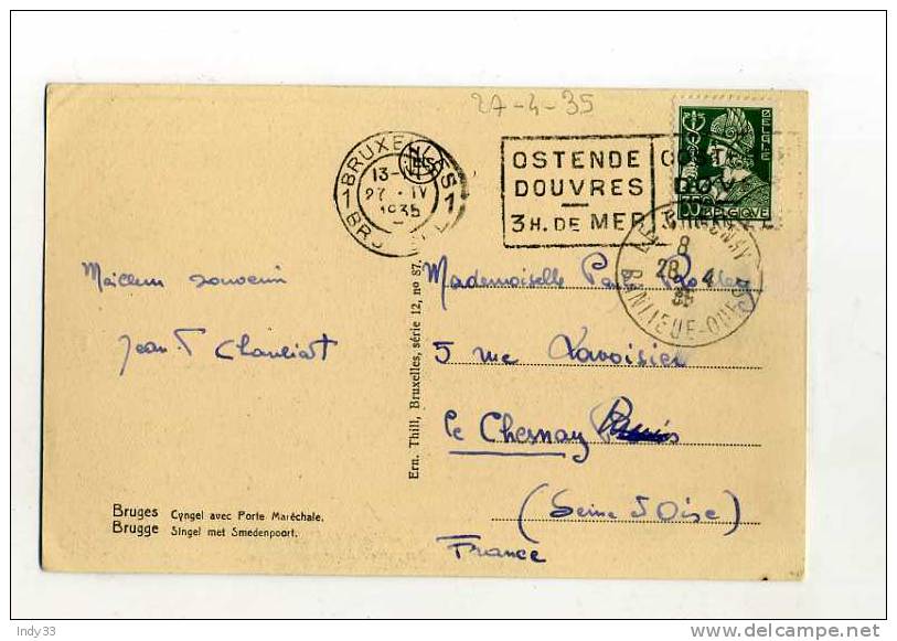 - BELGIQUE . AFFRANCHISSEMENT SIMPLE SUR CP DE 1935 POUR LA FRANCE - Storia Postale