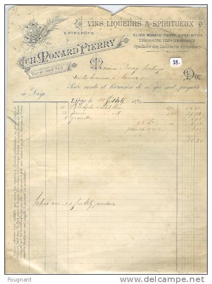 Belgique:LIEGE:Facture Ch.Monard Pierry.1892.Vins,liqueurs & Spiritueux. - Invoices