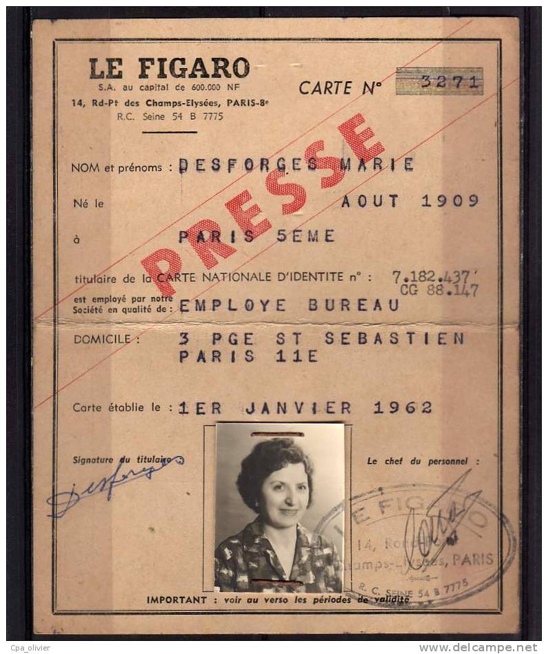 TH JOURNALISME Carte De Presse, Journal Figaro à Paris, Journaliste, 1962 - Non Classés