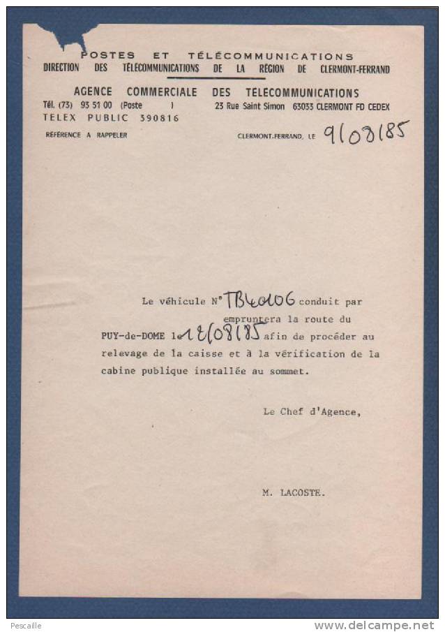 63 PUY DE DOME - LOT DE 4 VIEUX PAPIERS CONCERNANT CLERMONT FERRAND ET LA ROUTE DU PUY DE DOME - PTT / ARMEE DE L'AIR .. - Collections