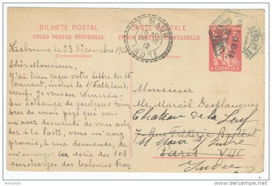 Entier Postal De Lisbonne Pour Sainte Maur En 1912 - Ganzsachen