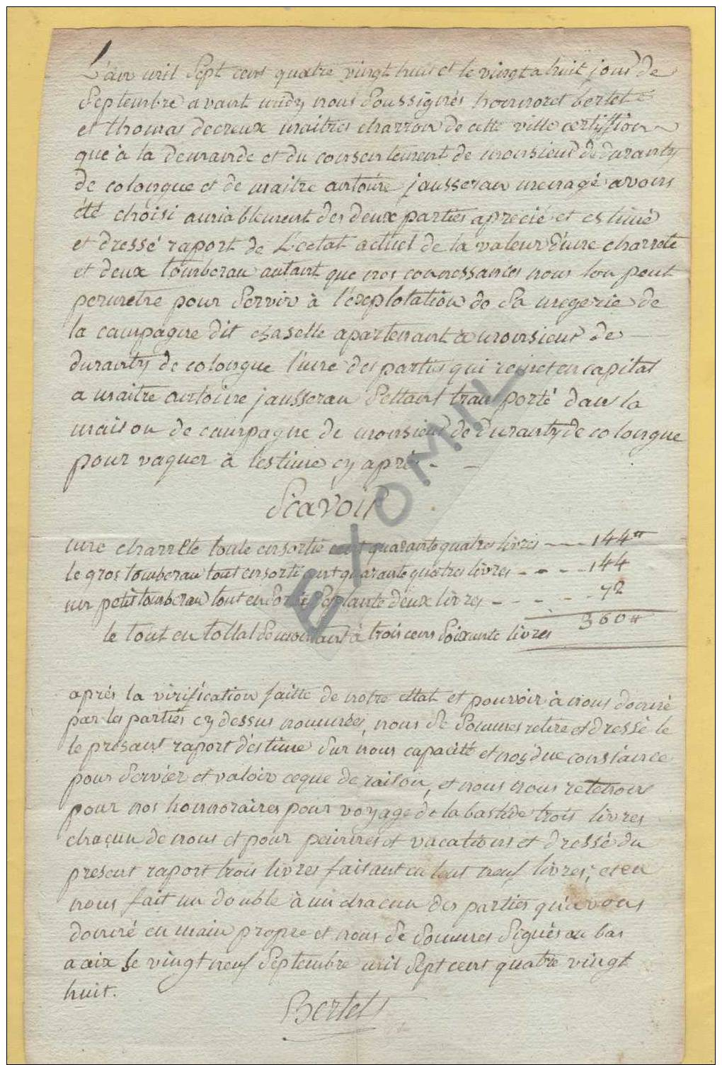 Colongue Maitre Charron 1788 Ancienne Lettre Facture - Ohne Zuordnung