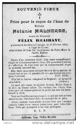 Souvenir Mortuaire MALHERBE, Mélanie (1846-1916) Vve BRAIBANT, F. Morte à COUTISSE - Devotion Images