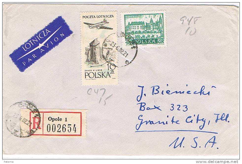 Carta, Aérea , Certificada OPOLE , 1982 ,( Polonia) , Cover, Lettre Letter - Lettres & Documents