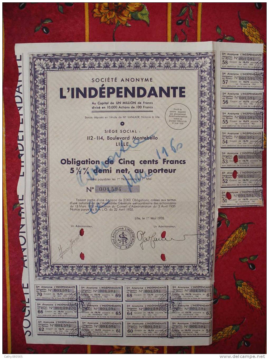 Obligation  "L´INDEPENDANTE"  2000 Ex //  Signee HENRI JOORIS // LILLE//NORD - Industrie